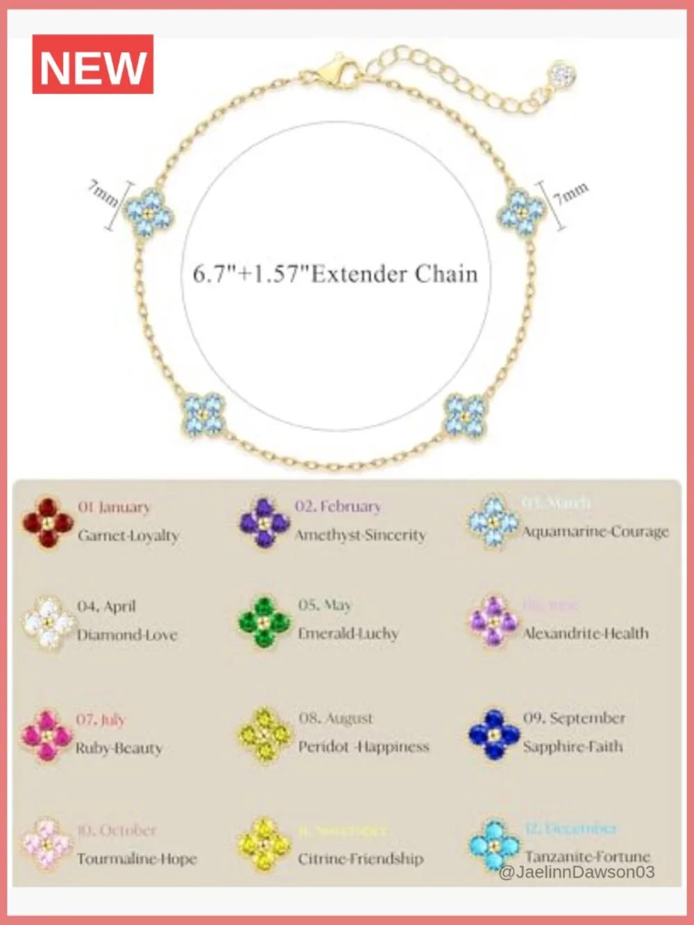 Dainty Four Leaf Clover Bracelet 14K Gold Plated Birthstone Stackable